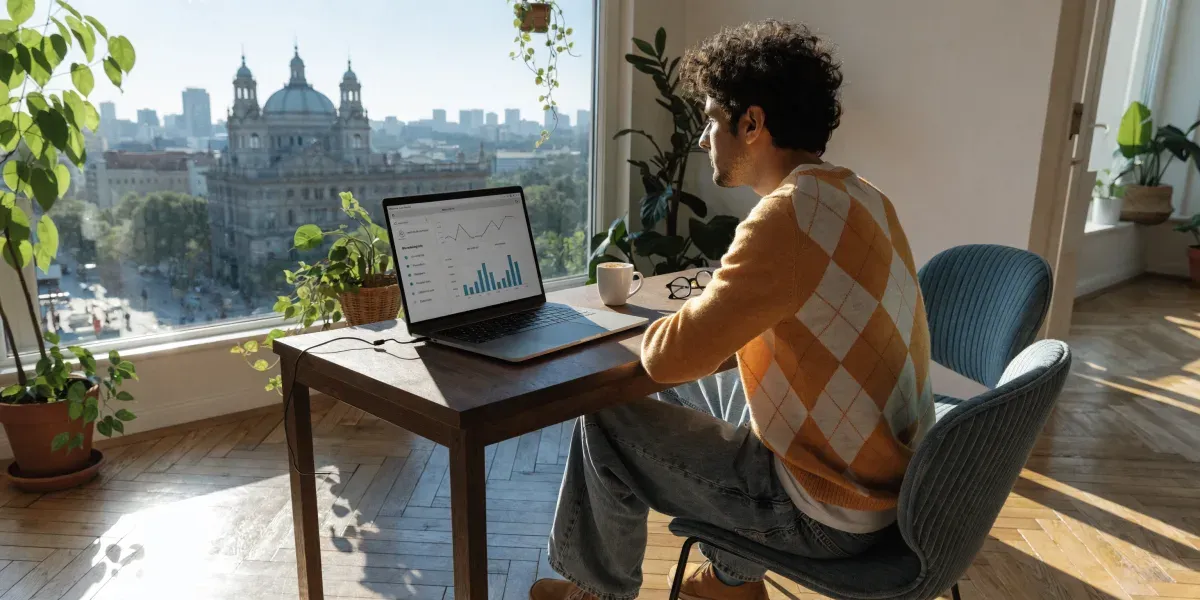 Anfitrión revisando métricas del algoritmo de Airbnb en su laptop desde un departamento con vista a la ciudad