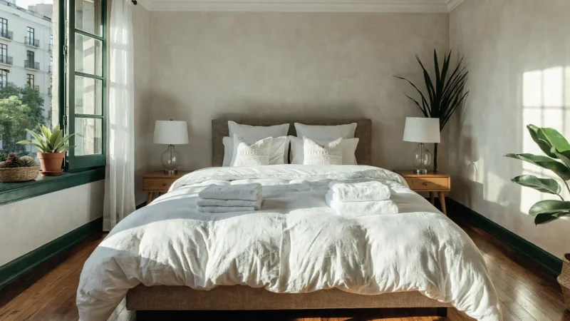 Habitación de departamento Airbnb impecable con sábanas blancas, toallas dobladas y plantas, lista para recibir huéspedes