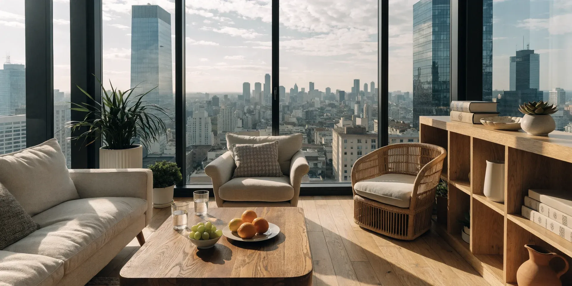 Living room de departamento Airbnb con vista panorámica a la Ciudad de Buenos Aires