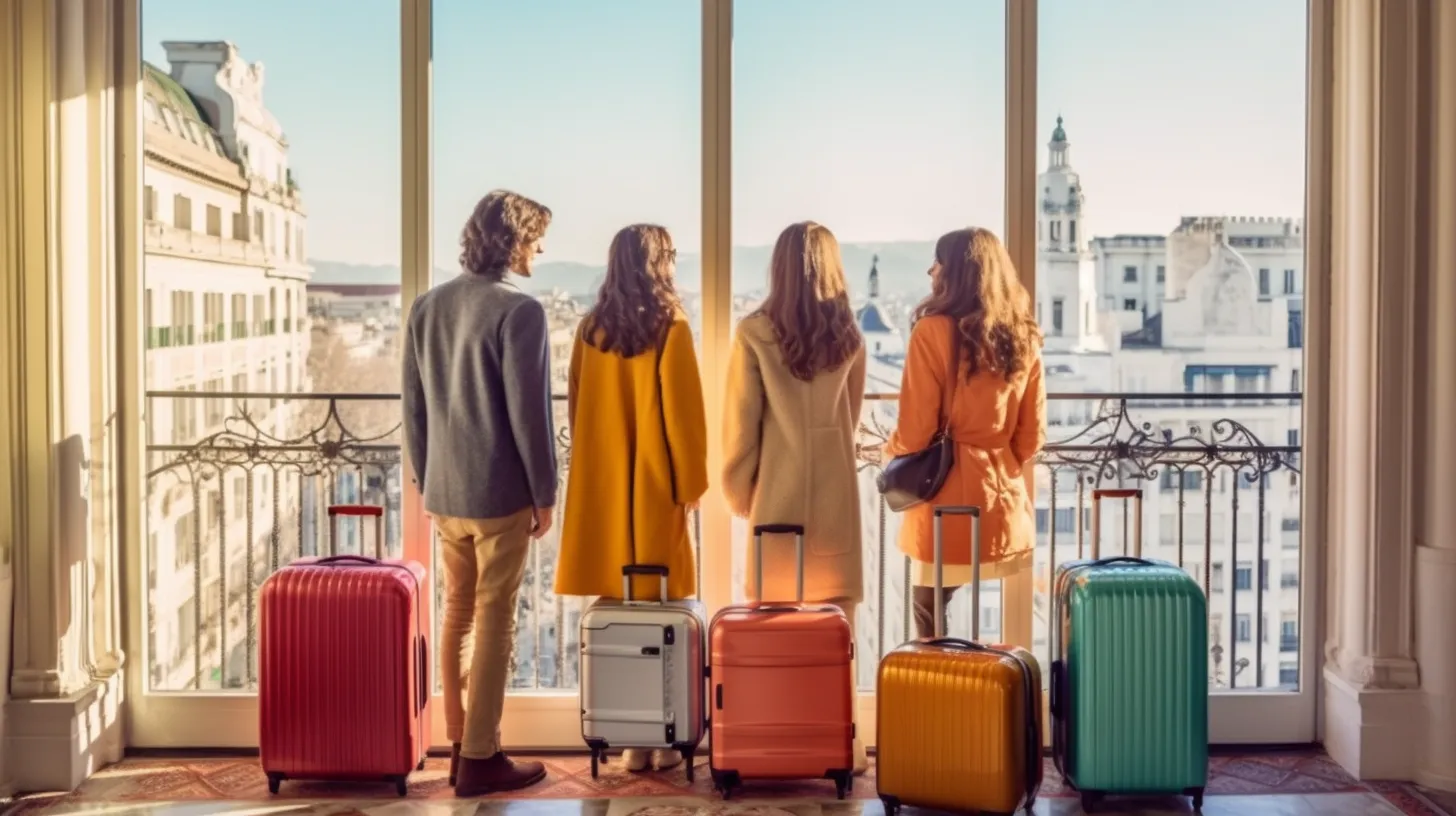 Un grupo de amigos recién llegados a su Airbnb. Se encuentran con su equipaje admirando la excelente vista a la Ciudad de Buenos Aires.