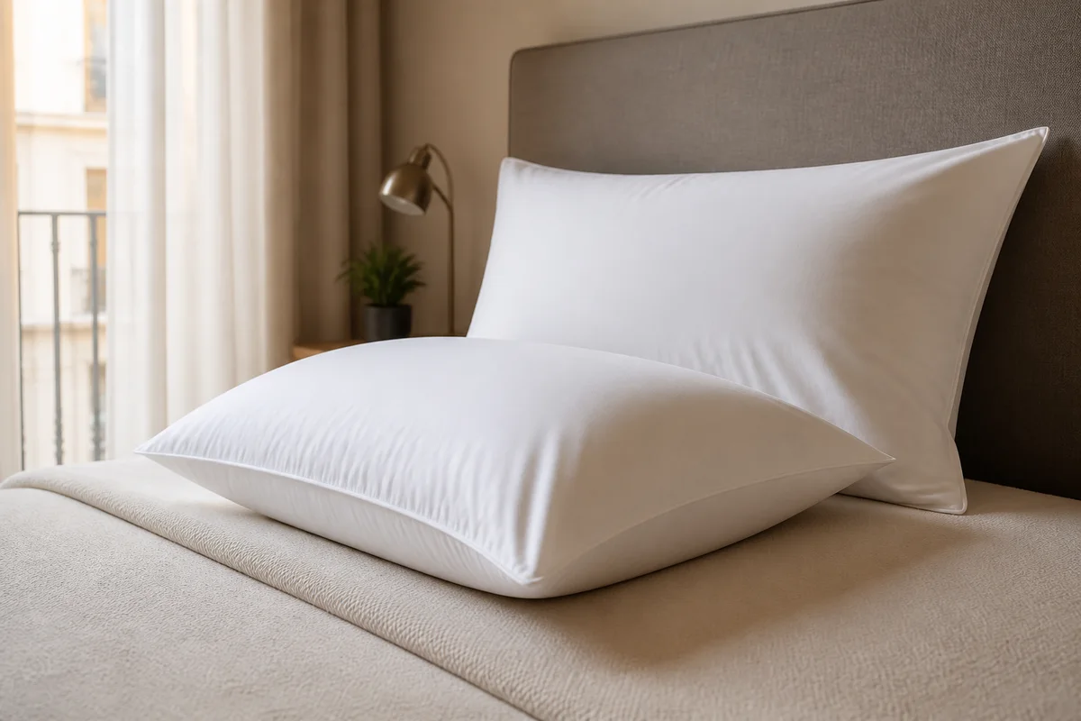 Dos almohadas hoteleras blancas de firmeza media sobre una cama