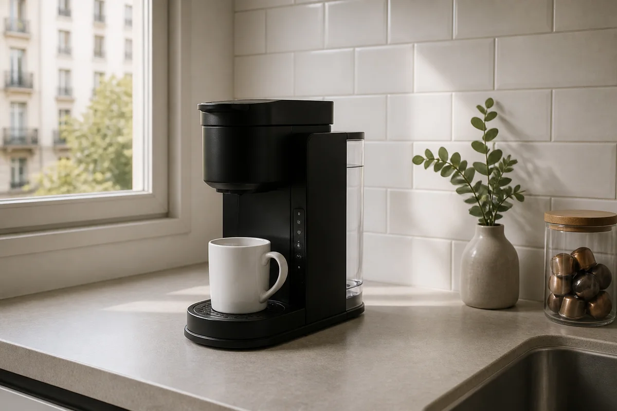 Cafetera de cápsulas negra genérica sobre una mesada de cocina