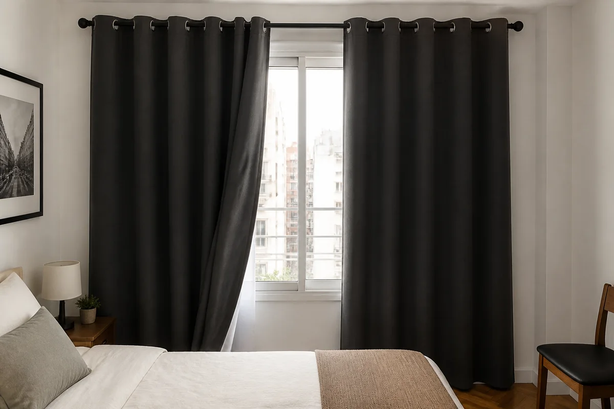 Cortinas blackout oscuras de dos paños instaladas en un dormitorio