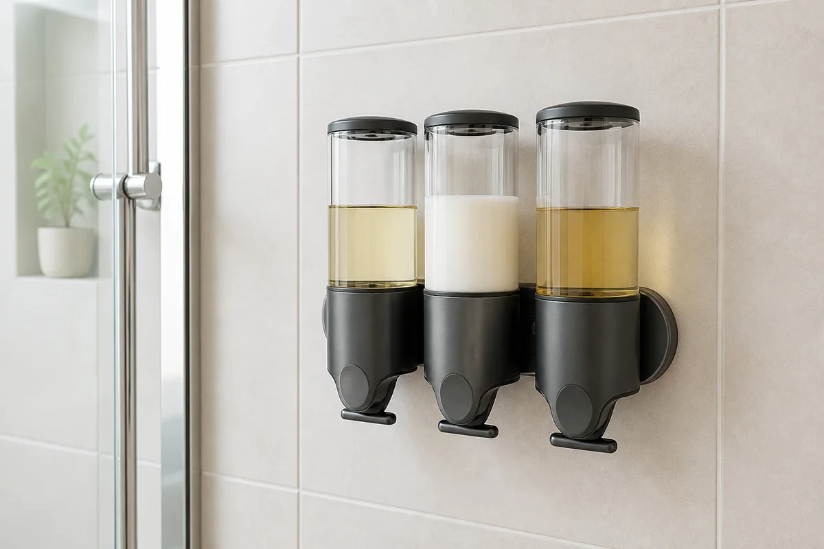Dispenser triple genérico instalado en la pared de una ducha