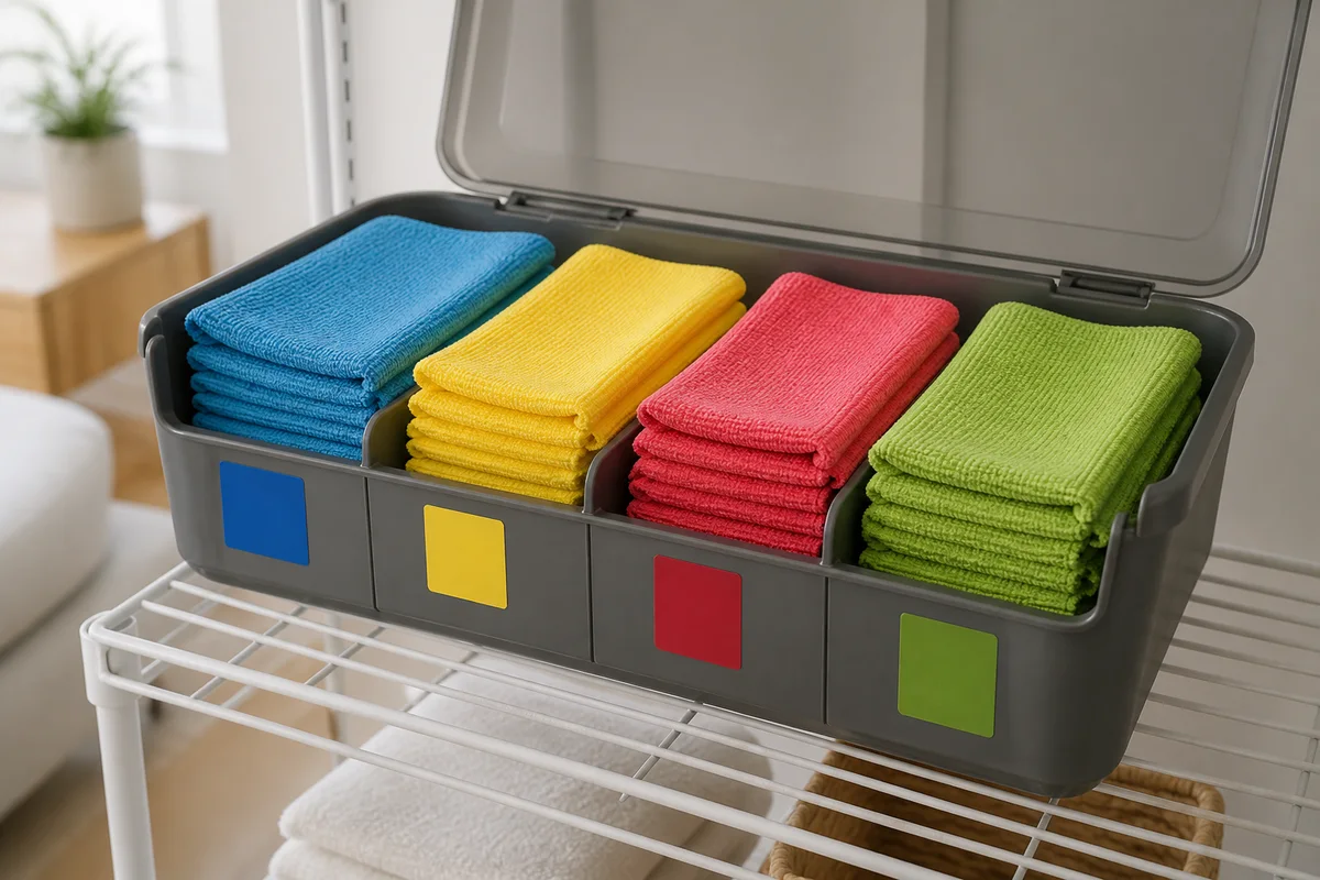 Paños de microfibra genéricos separados por colores en un kit de limpieza