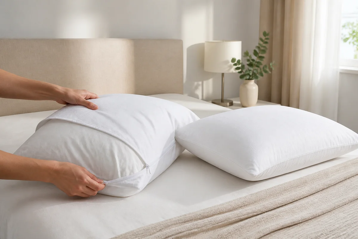 Protector blanco con cierre colocado sobre una almohada