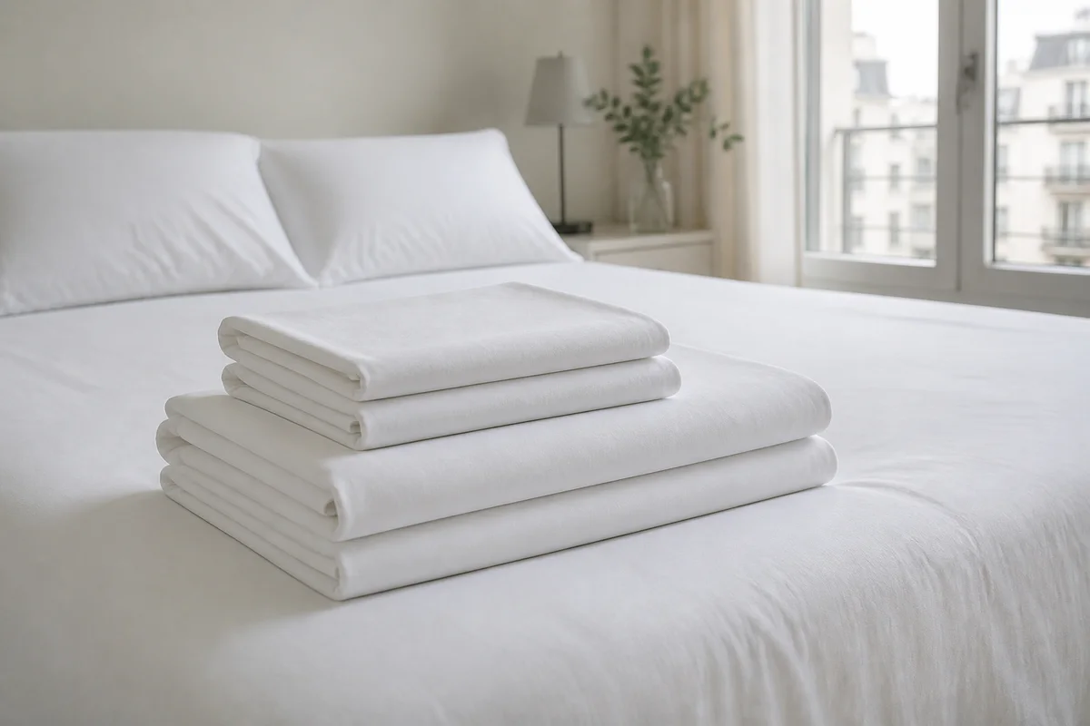 Juego genérico de sábanas blancas de percal doblado sobre una cama