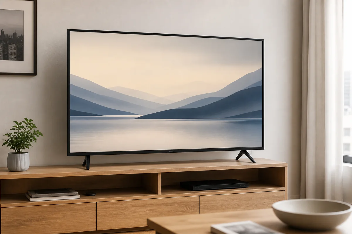 Smart TV genérica de marco delgado instalada sobre un mueble de living