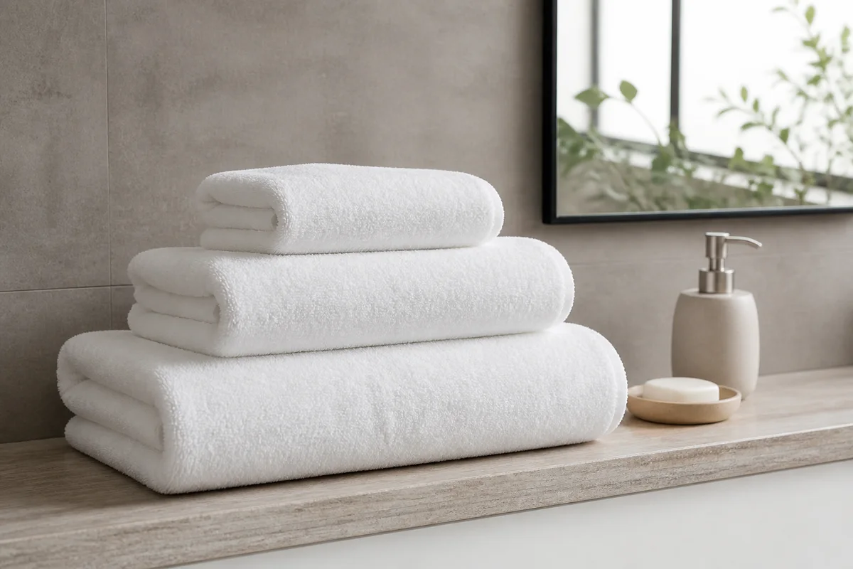 Juego genérico de toallas y toallones blancos doblados en un baño