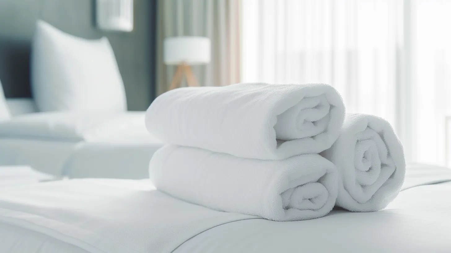 Una habitación de Airbnb preparada para recibir a su próximo huésped, sobre la cama se encuentra un conjunto de toallas blancas y limpias.